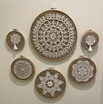 Collection of Mandala Crochet on a Burlap canvas