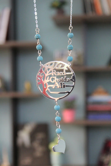 Silver Necklace/Car's mirror hanging with personalized family names in tree of life pendant