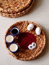 A Beautiful Colorful Straw Trays with Crochet, Ropes, Sheeps Theme