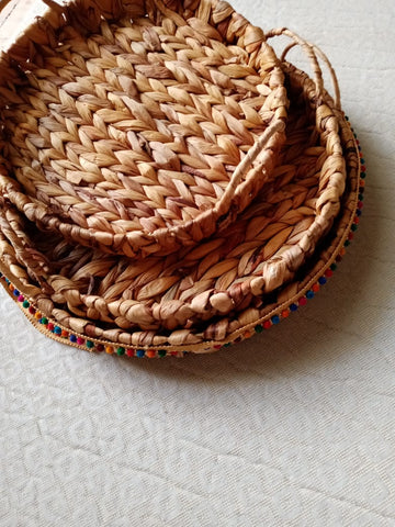 A Beautiful Colorful Straw Trays with Crochet, Ropes, Sheeps Theme